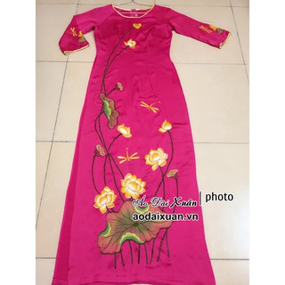 Thanh lý áo dài lụa hồng sen thêu hoa sen vàng cỡ S, cỡ M, cỡ L, cỡ XL, áo dài kiểu cổ thuyền đã qua sử dụng