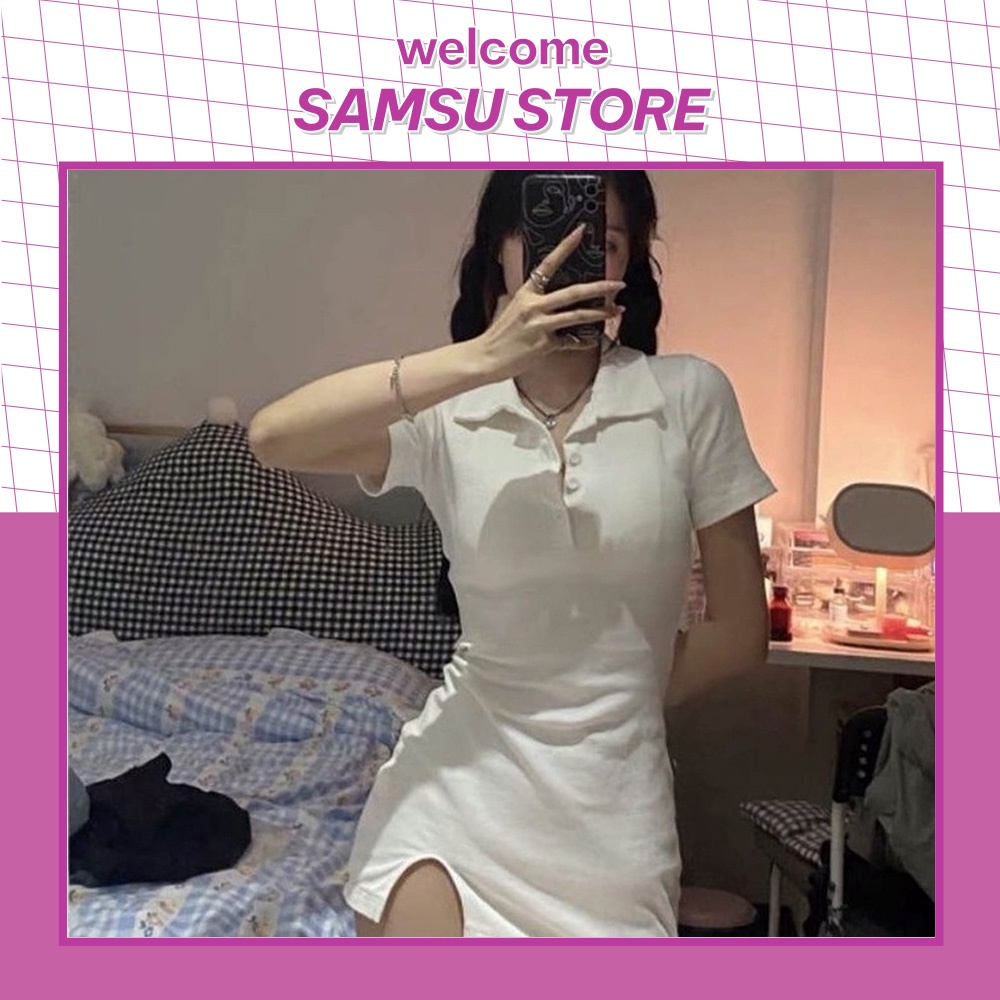 Váy Body Cổ Bẻ Xẻ Trước Entyty Chất Thun Gân Tăm