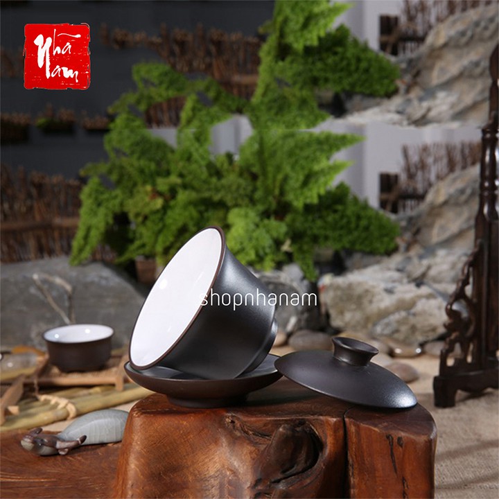 Chén khải tử sa họa tiết cổ có nắp đậy chén uống trà liễn trà phụ kiện trà đạo