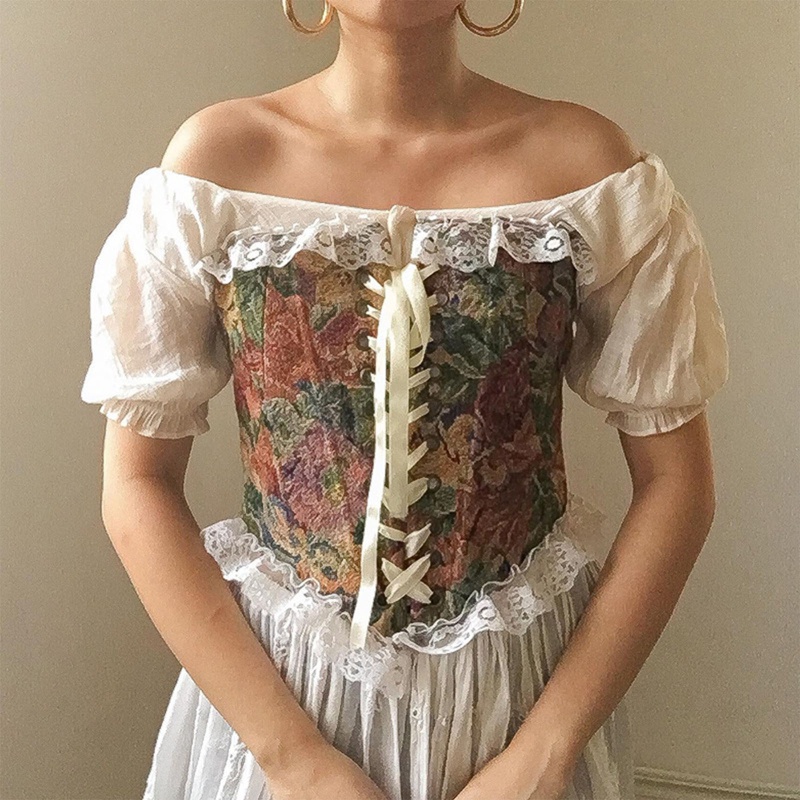 Áo Nịt Ngực Corset Họa Tiết Hoa Vintage Cho Nữ