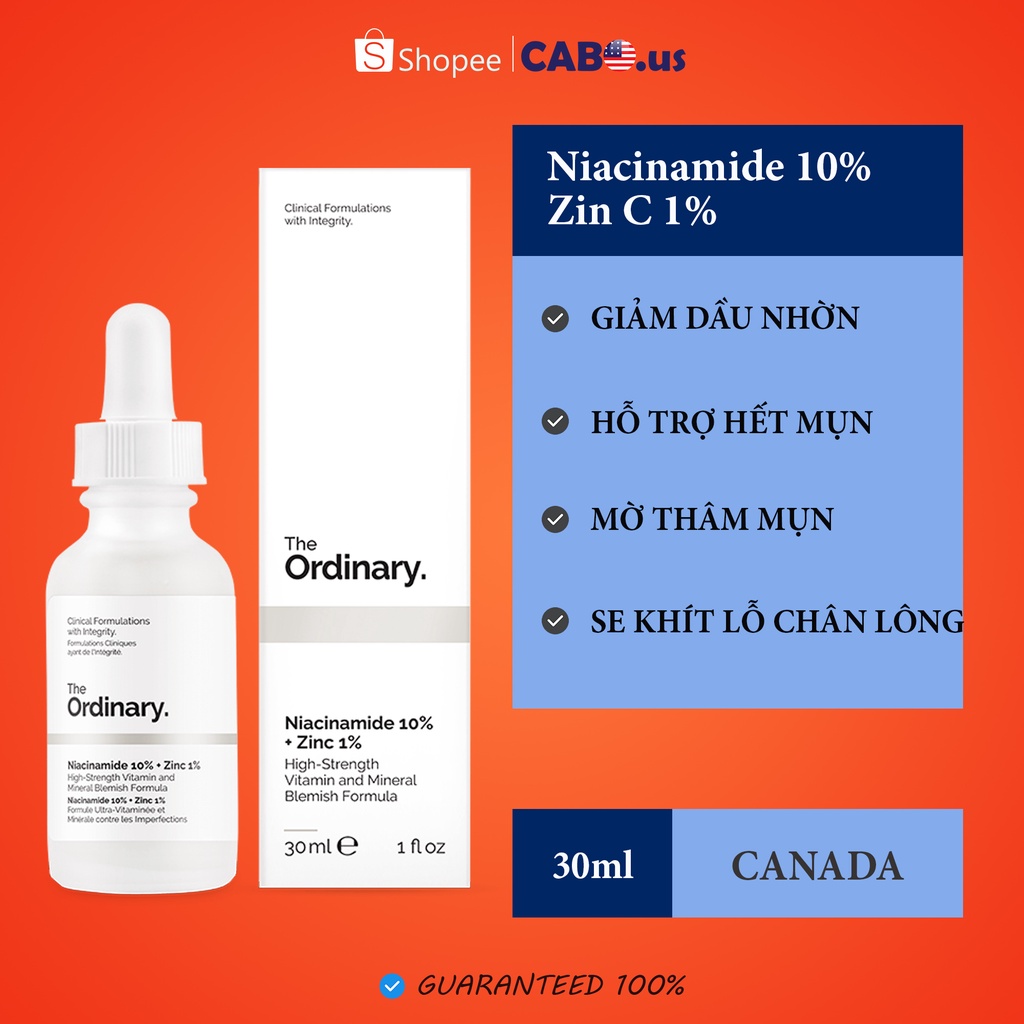 Serum Niacinamide 10% + Zinc 1% The Ordinary giảm dầu, bớt mụn, mờ thâm sau mụn (bản canada đủ bill)