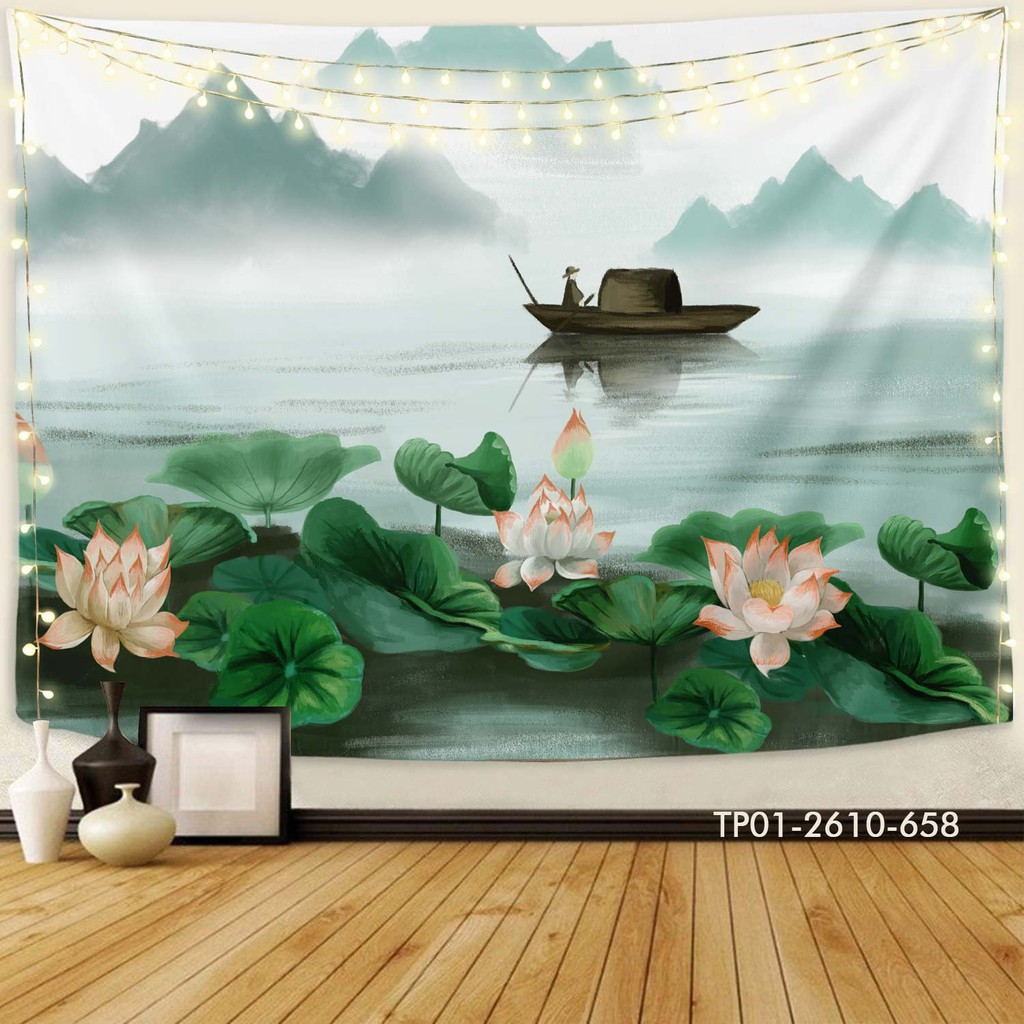 [Tặng Đèn,Móc]Tranh vải treo tường IN 3D HOA SEN, LOTUS, DECOR phòng khách, nhà hàng, trà đạo