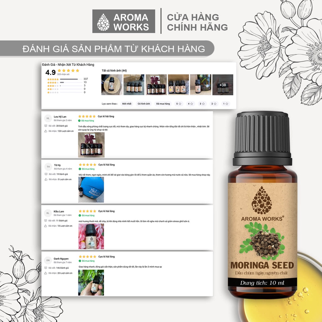 Dầu hạt Chùm ngây Aroma Works Organic moringa seed oil cấp ẩm, sáng da, mờ nám, mờ nếp nhăn