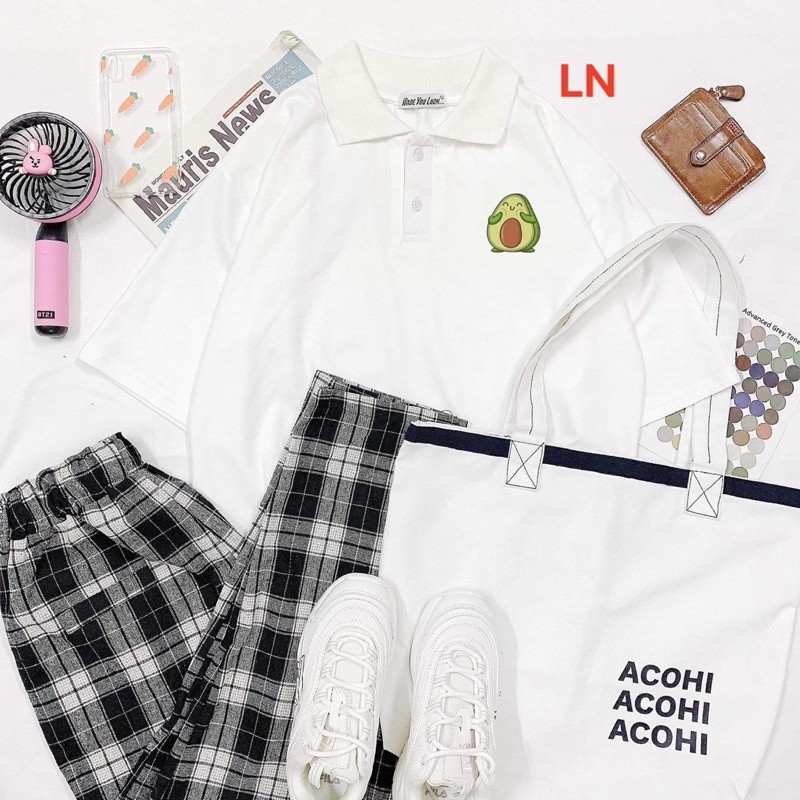 Sét áo polo bơ xanh + quần kẻ TH6