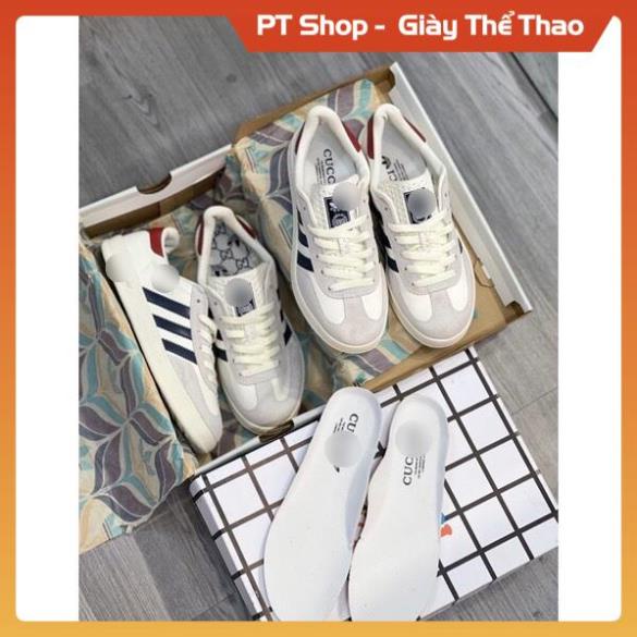 Giày thể thao Sneaker Gu.cci x Adida.s Originals Gazelle , Giầy ads nam nữ da lộn trắng kem gót đỏ 3 sọc đen