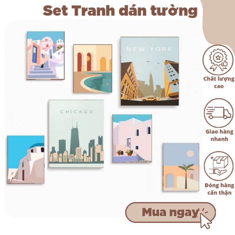 Set 7 tranh dán tường mini dày 5mm có sẵn băng keo 2 mặt. chống nước , chống ẩm , chống mốc mã Set4