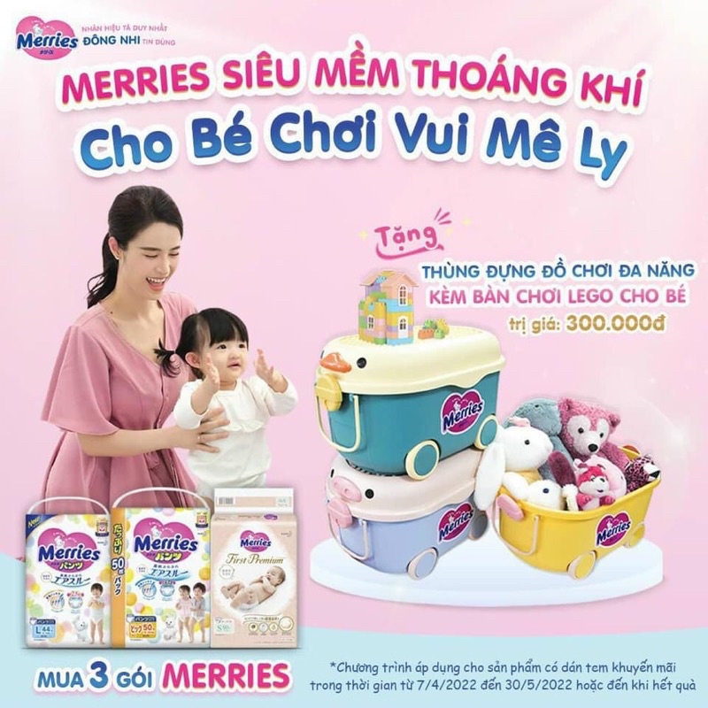 Bỉm Merries dán/quần đủ size - Mua 3gói Tặng Thùng Đồ Chơi - NB/S/M/L/Xl/XXL/XXXL