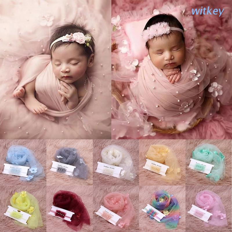 Set 2 Khăn Quấn Chiffon Đính Hạt Và Băng Đô Hoa Làm Đạo Cụ Chụp Ảnh Cho Bé Sơ Sinh