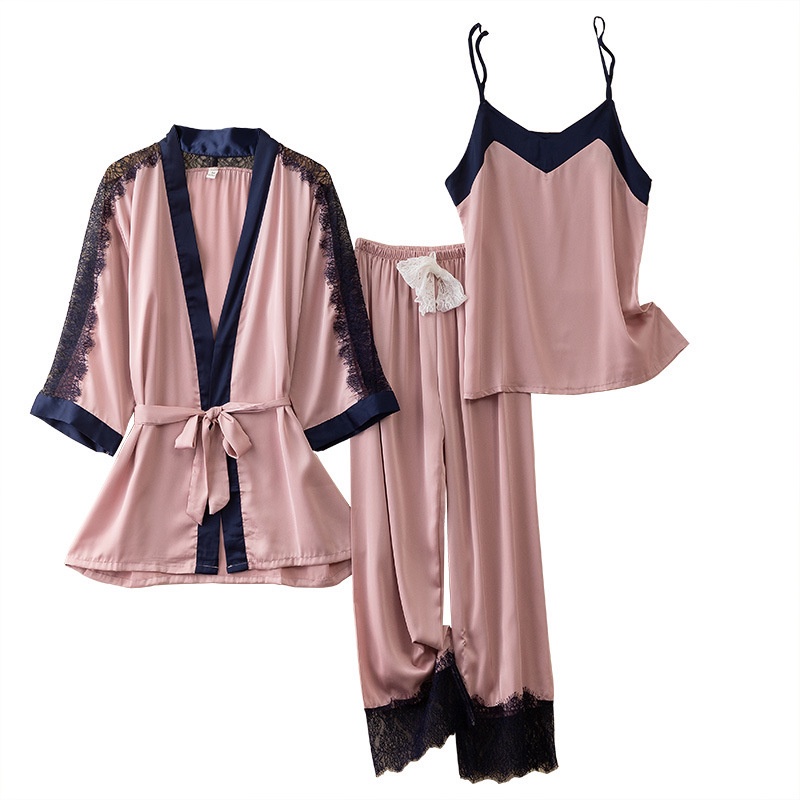 Bộ Đồ Ngủ 3 Món Bằng Lụa Mát Tay Dài Phối Ren Thời Trang Mùa Hè Xinh Xắn Cho Nữ