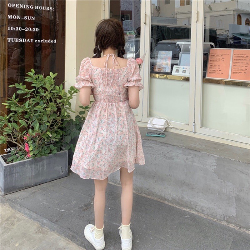 Đầm hoa nhí hồng babydoll dáng váy xoè thắt dây hình thật cuối