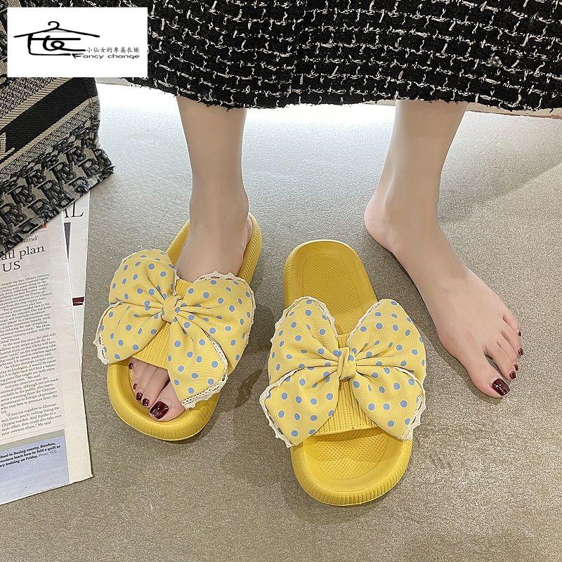 Dép Đi Trong Nhà Đế Dày Chống Trượt Đính Nơ Dễ Thương Thời Trang Mùa Hè Cho Bạn Gái