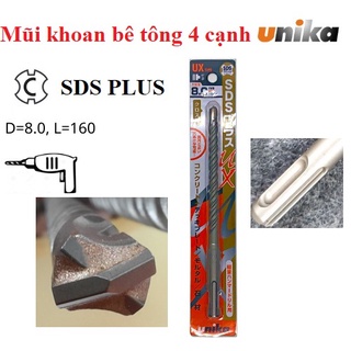 Mũi khoan bê tông cốt thép 8mm đầu 4 chấu chân sds-plus unika mã ux