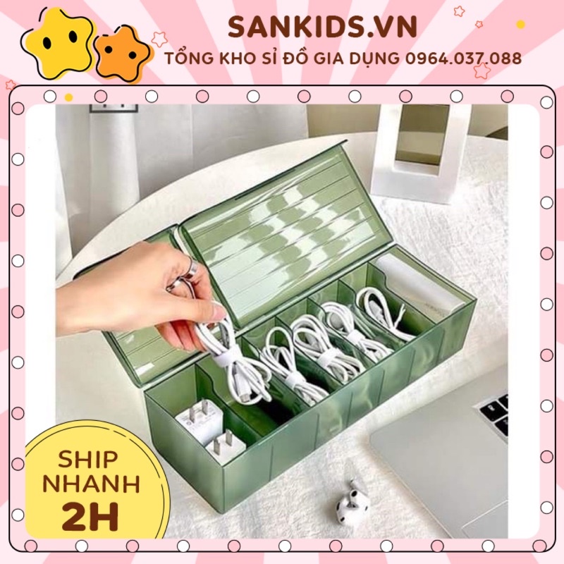 Hộp đựng cáp củ sạc điện thoại 7 ô, hộp đựng tai nghe có nắp chất liệu nhựa ABS cao cấp, dày dặn