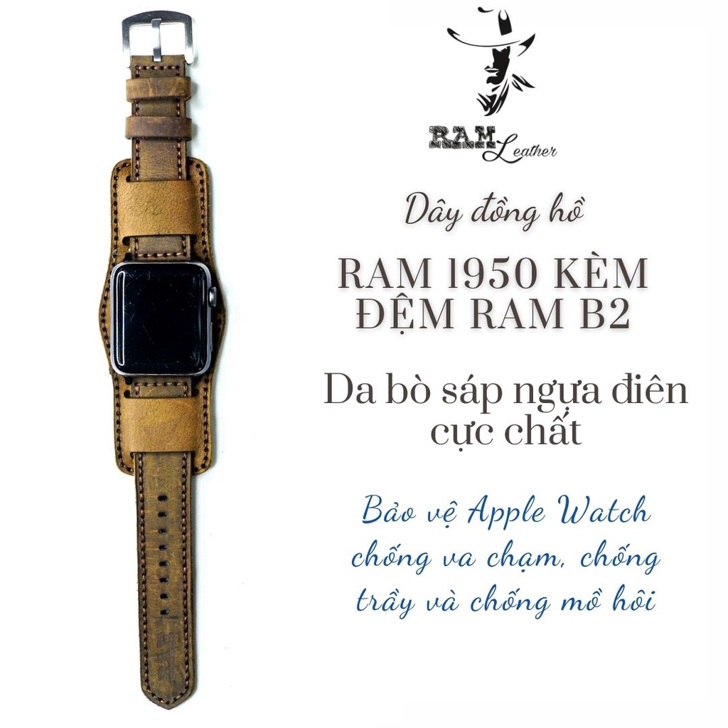 Dây Apple Watch , iWatch , iphone Watch da bò nâu đất kèm tấm đệm chống mồ hôi RAM Leather Bundstrap b2 kiểu quân đội