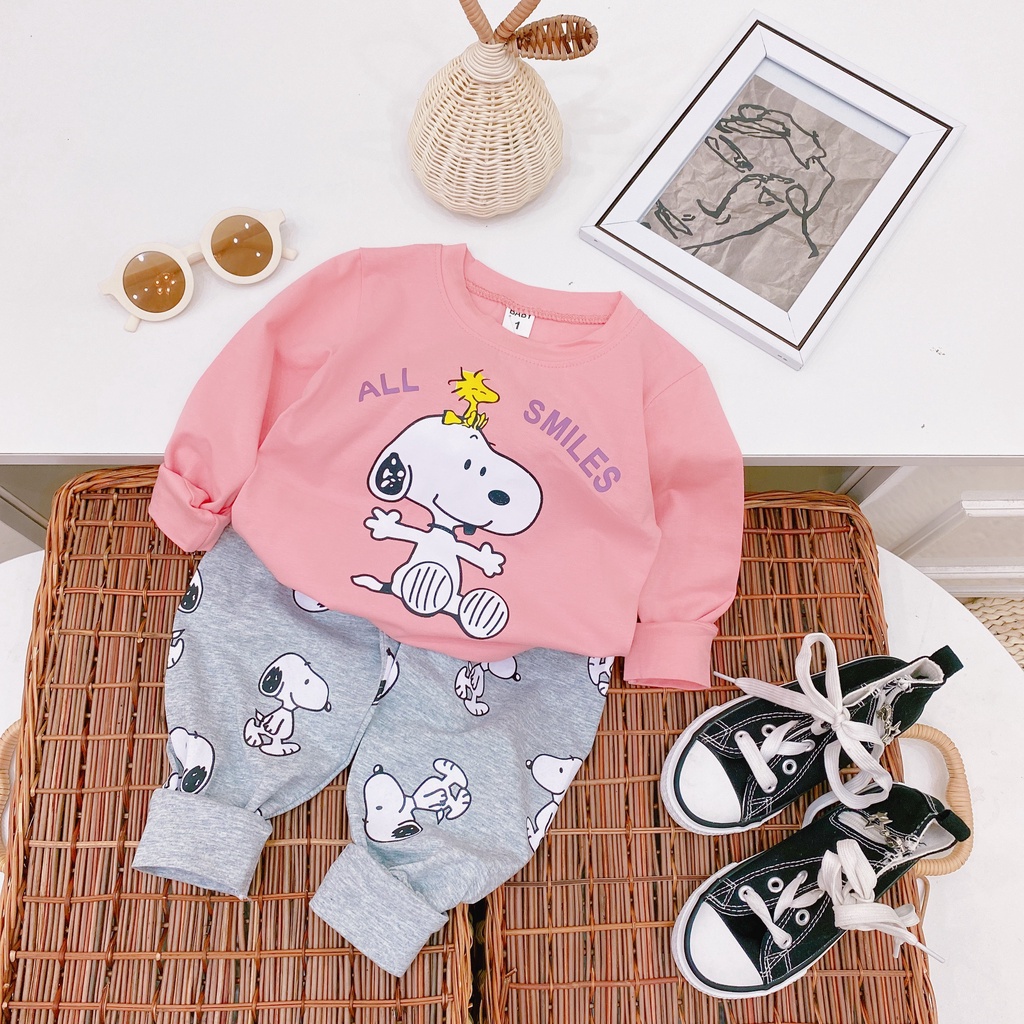 BỘ ĐỒ QUẦN ÁO DÀI TAY COTTON TÀU IN HÌNH SNOPPY CỰC KÌ CUTEEE PHOMAI QUE CHO BÉ SIZE 8-20Kg