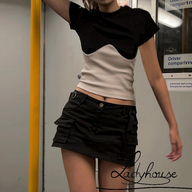 Áo Thun Tay Ngắn Cổ Tròn Màu Sắc Tương Phản Thời Trang Dành Cho Nữ