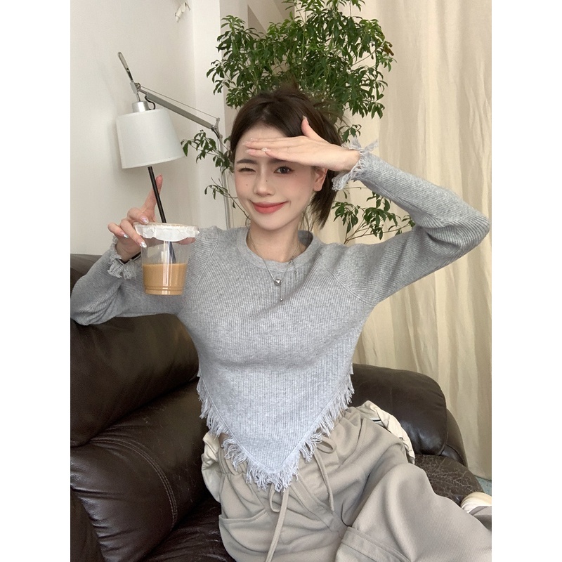 NUZIRO  Áo dệt kim  tay dài cổ tròn màu sắc đơn giản phong cách Hàn Quốc cho nữ
