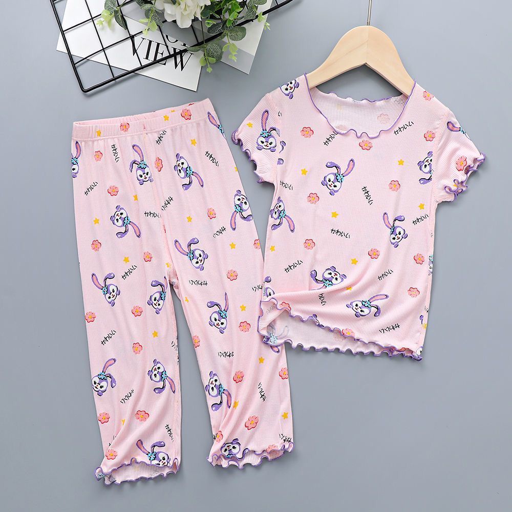 Bộ Đồ Ngủ Tay Ngắn Vải Lụa Lạnh Mỏng Thời Trang Mùa Hè Dành Cho Bé Gái