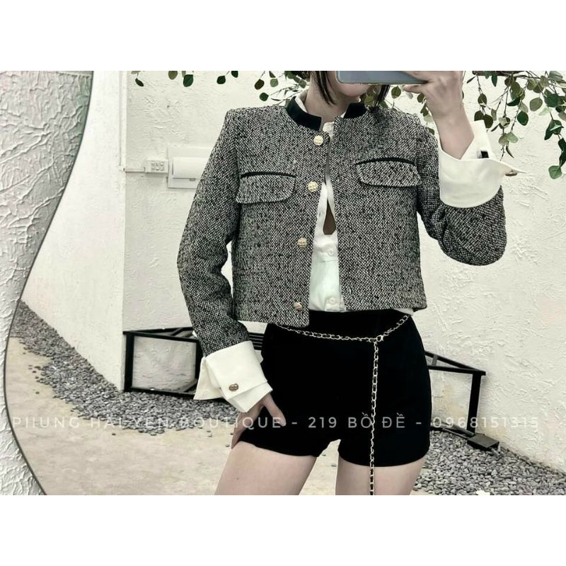 Áo dạ tweed croptop phom lửng gấp gấu tay trắng