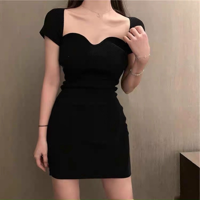 Váy len tăm cổ vuông tôn vòng 1 ngắn tay, Đầm len sexxy co giãn VL9010 - NhiNhi Shop
