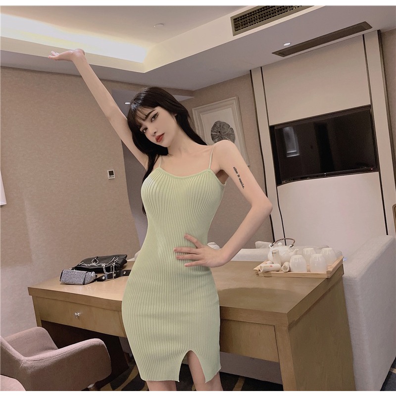 Đầm dệt kim hai dây ZHELIHANGFEI dáng ôm phong cách gợi cảm