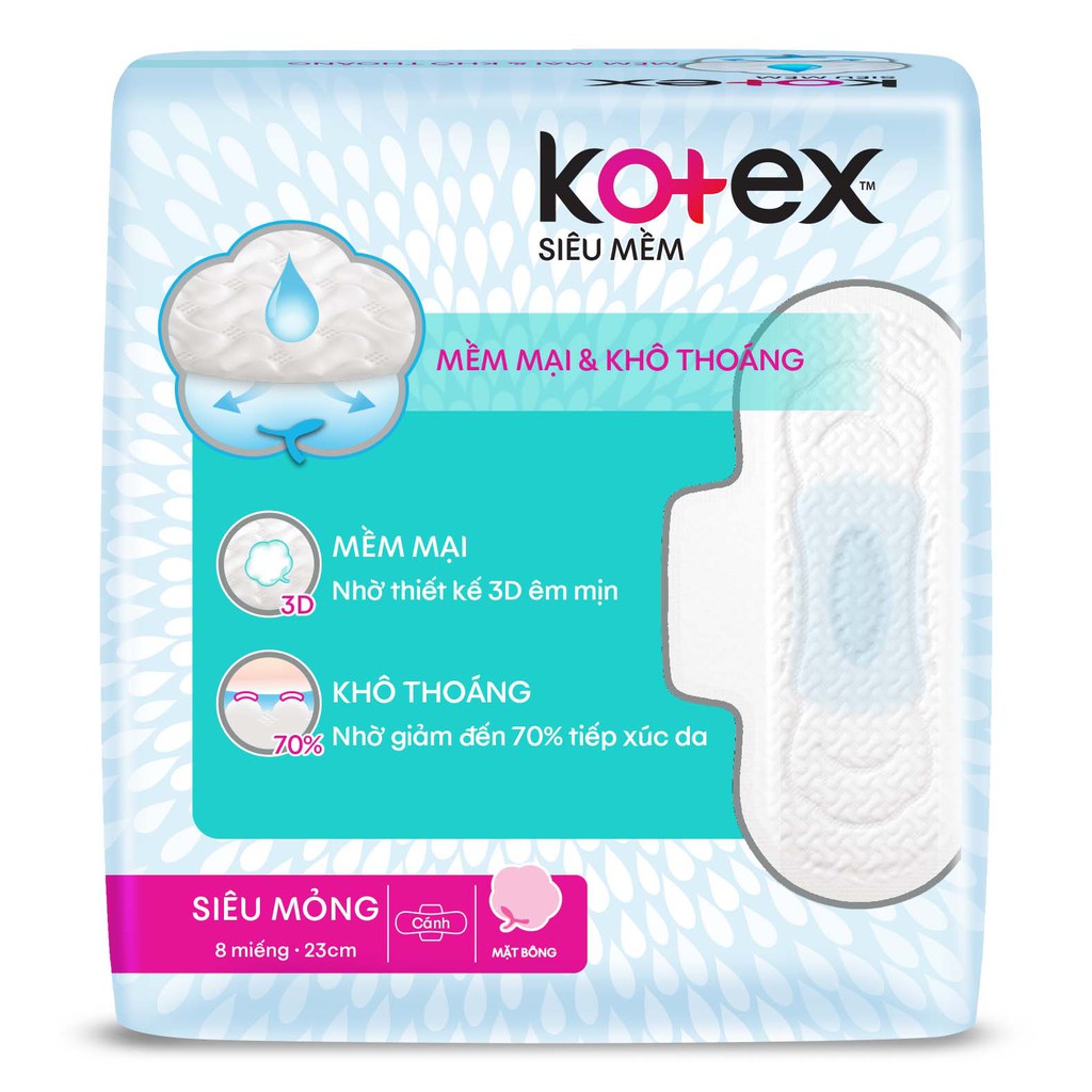 Băng vệ sinh Kotex siêu mềm có cánh/ không cánh 8 miếng 23cm