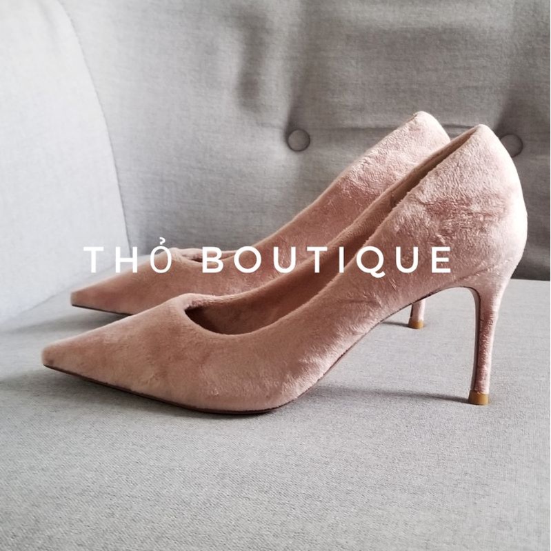 Giày cao gót chính hãng OSSO nhung lông thỏ màu hồng nude pastel 7cm size 38