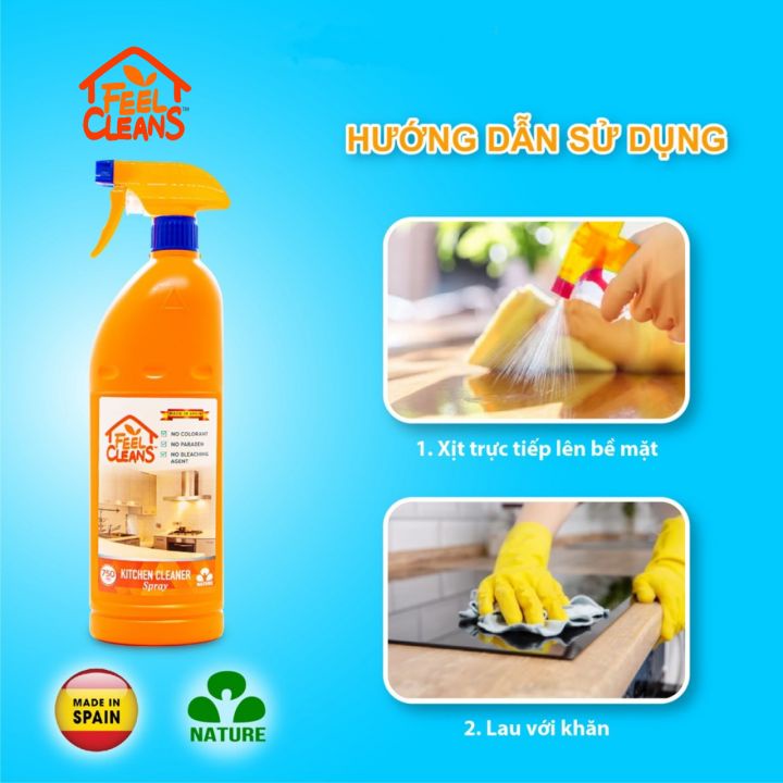 Nước lau xịt bếp FeelCleans 750ml, nước lau bếp, an toàn cho da nhạy cảm