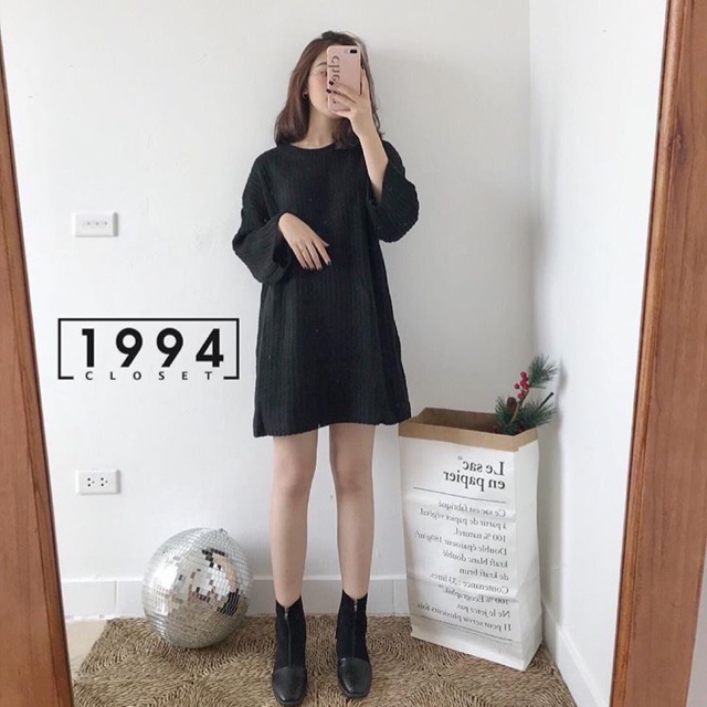 Áo váy len trơn đen (tặng mũ len quả bông dày ấm)