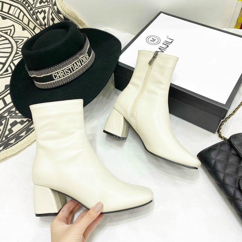 Boot lửng gót vuông da mềm miji