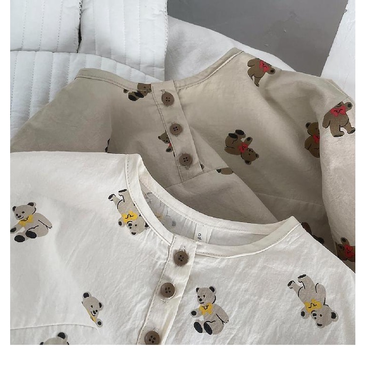 Áo Sơ Mi Cotton Lanh Tay Dài In Họa Tiết Gấu Hoạt Hình Phong Cách Hàn Quốc Cho Bé Trai Và Gái