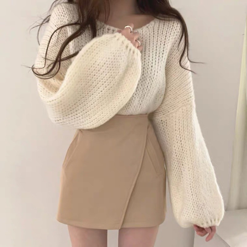 [Order taobao]( có tách set) Áo len tay phồng trơn basic dáng rộng và chân váy da style Hàn Quốc