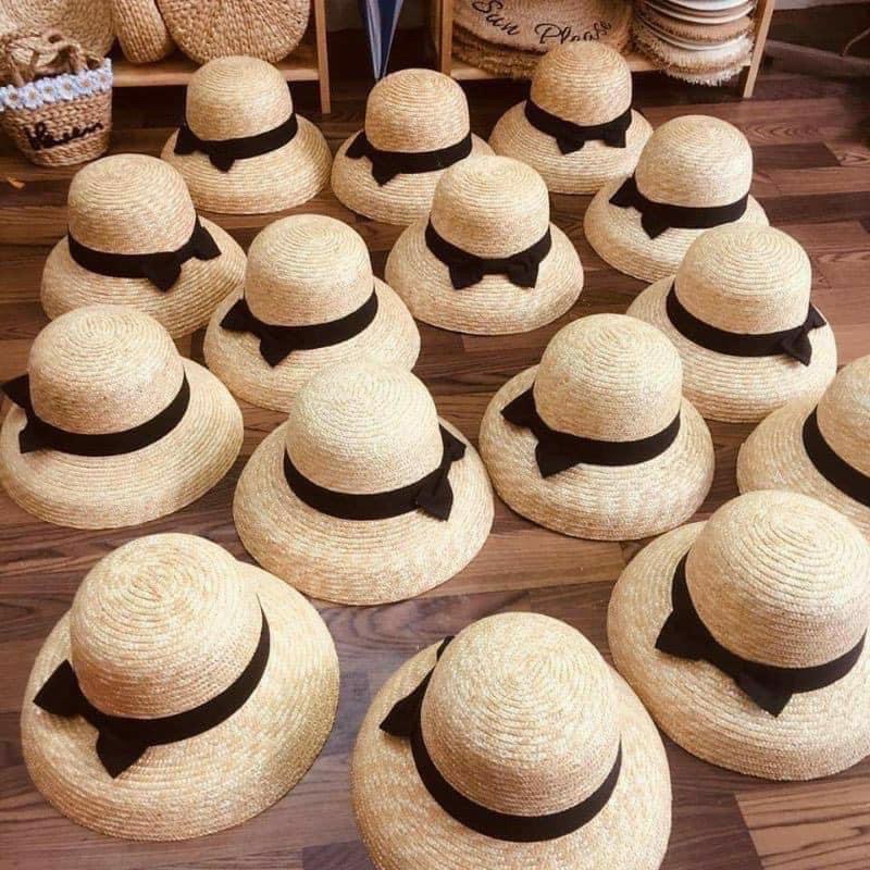 Mũ cói sợi lúa mì phom cứng, nón chuông nơ dễ thương