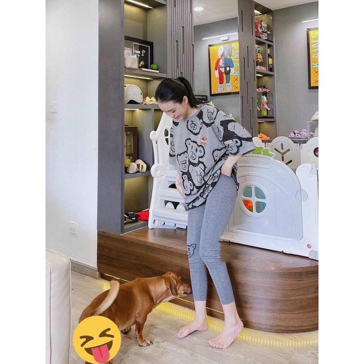Đồ bộ mặc nhà nữ, quần dài áo thun rộng in hình gấu (DX) | BigBuy360 - bigbuy360.vn