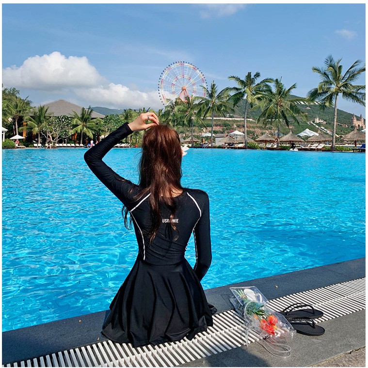 Bikini bộ đồ bơi nữ liền mảnh usronnie áo dài tay quần dạng váy kéo khóa trước ngực | BigBuy360 - bigbuy360.vn