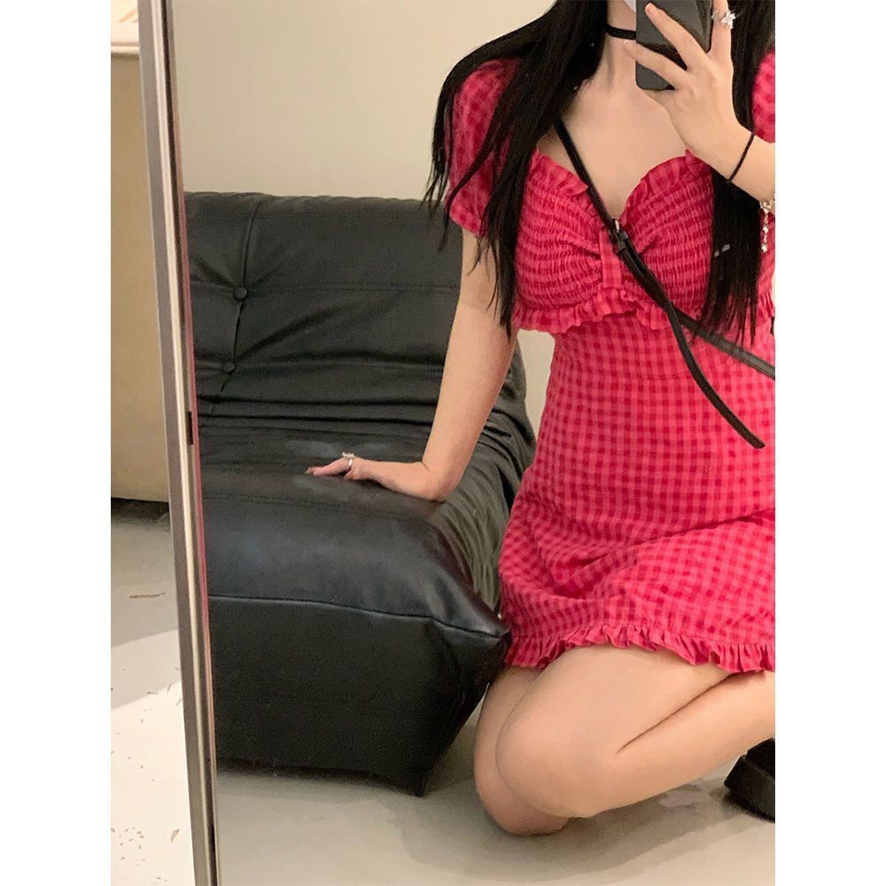 Đầm Họa Tiết Sọc Caro Màu Xanh Lá Cây Phong Cách Pháp Thời Trang Mùa Hè Mới