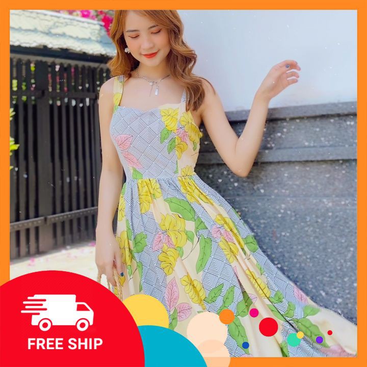 Váy maxi hoa 2 dây hở lưng ⚡𝗙𝗥𝗘𝗘 𝗦𝗛𝗜𝗣⚡ Maxi dáng xoè phối đuôi cá tầng cách điệu, bo chun eo giãn tốt, hàng QC cao cấp | BigBuy360 - bigbuy360.vn