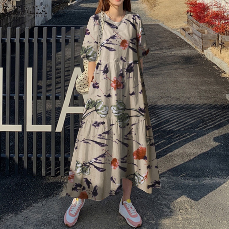 Đầm dáng dài ZANZEA cổ tròn tay lửng thời trang thường ngày cho nữ