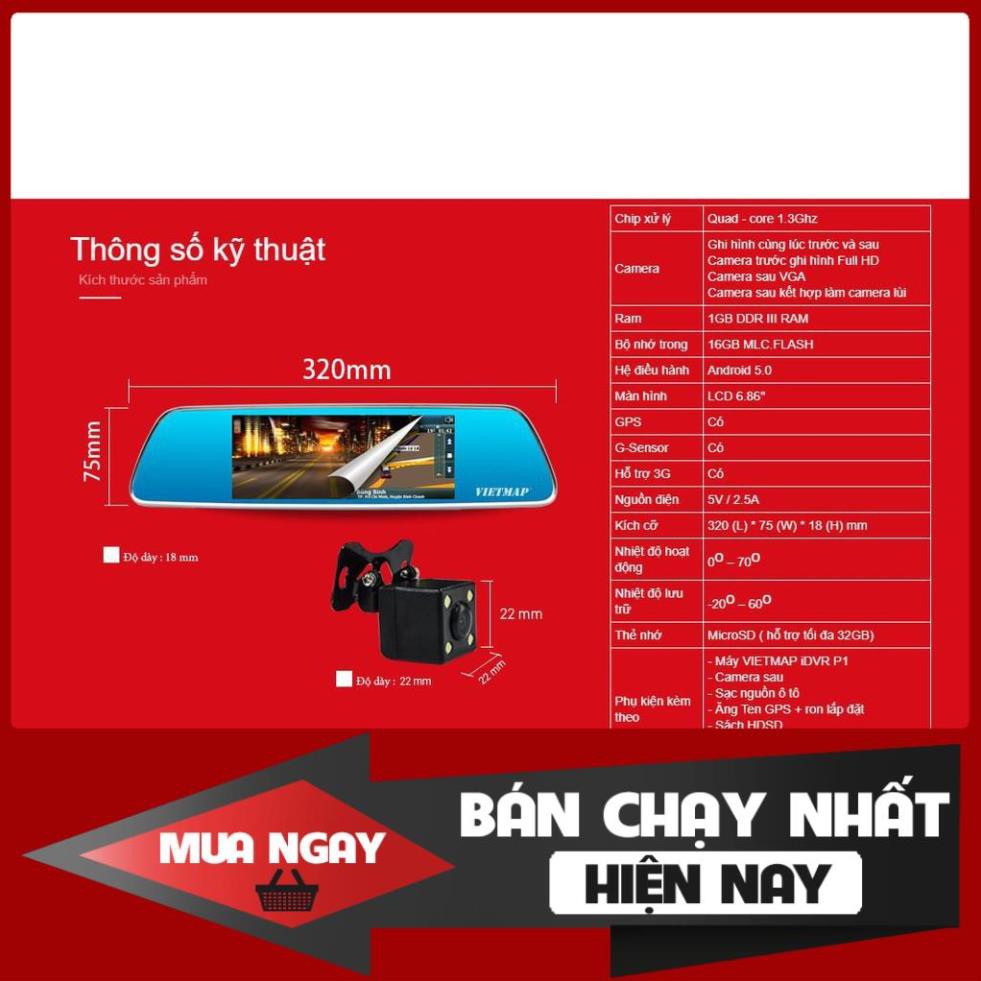 CAMERA HÀNH TRÌNH GƯƠNG VIETMAP IDVR P1 DẠNG GƯƠNG CHIẾU HẬU TÍCH HỢP DẪN ĐƯỜNG KÈM THẺ NHỚ - Chính hãng