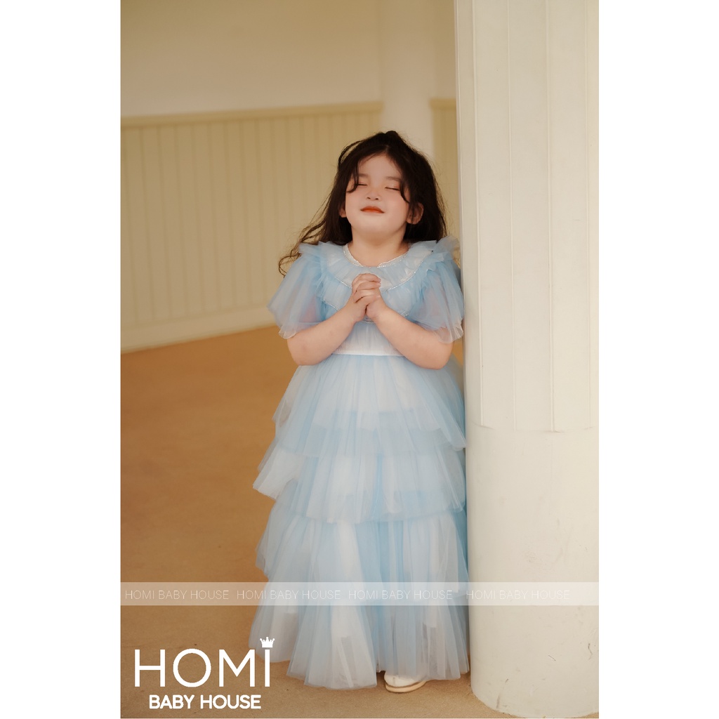 Váy công chúa cho bé dự tiệc đầm công chúa Lucy xanh biển đầm tầng 3 viền đá cho bé gái HOMI BABY HOUSE