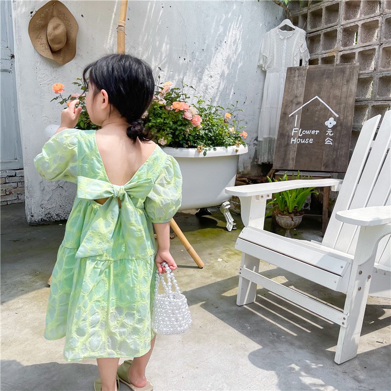 Đầm Công Chúa Cổ Vuông Tay Phồng Màu Xanh Lá Cổ Điển Hở Lưng Phong Cách Hàn Quốc Thời Trang Mùa Hè Cho Bé Gái 2021