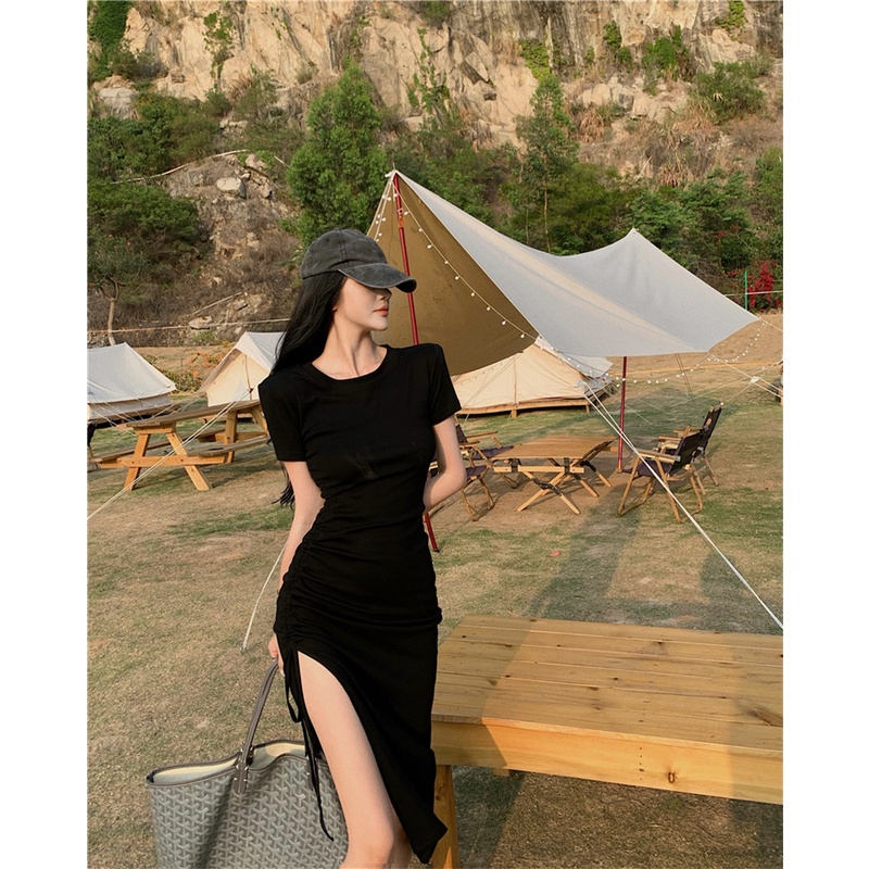 DUNEA Đầm Midi Tay Ngắn Màu Trơn Thiết Kế Xẻ Tà Bên Hông Thời Trang Cho Nữ 3.8