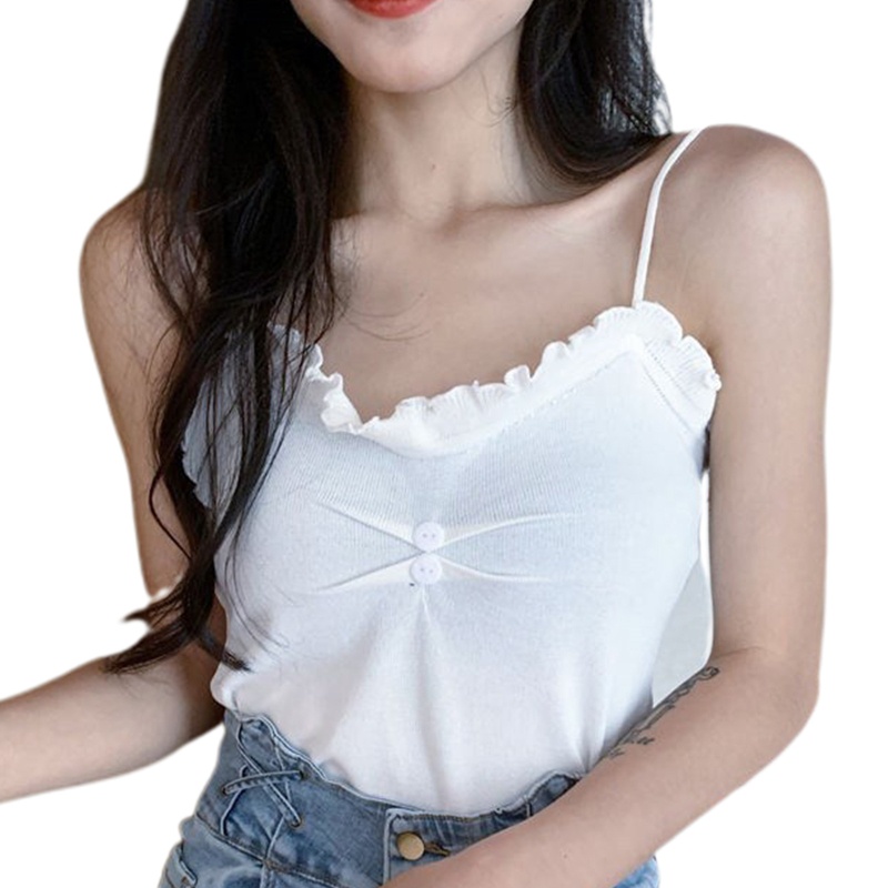 Brroa Áo Croptop Dệt Kim Sát Nách Màu Trơn Cài Nút Trước Viền Diềm Xếp Nếp Phong Cách Hàn Quốc Cho Nữ