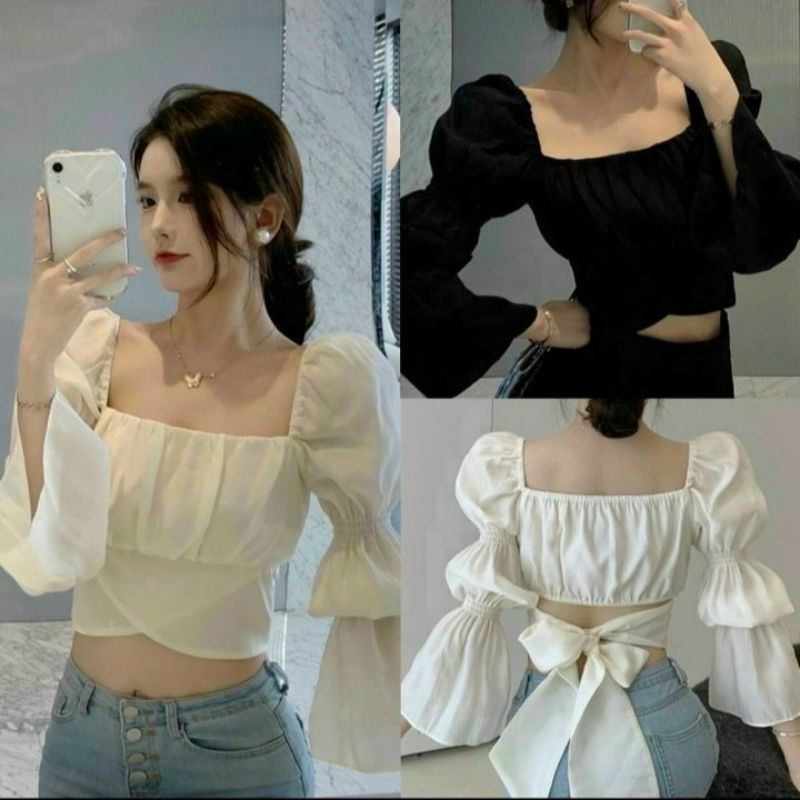 Áo tay phồng Loe cổ vuông cột nơ xinh xắn PC &amp; A30❤