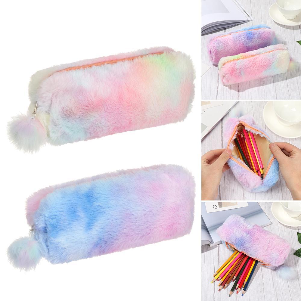 KUNHEV Túi Đựng Bút Hình Bát Giác Phối Lông Xinh Xắn Cho Nữ