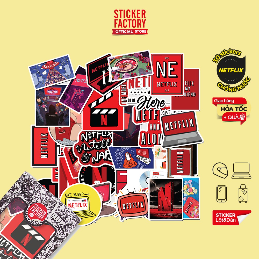 Hộp set 30 sticker decal hình dán nón bảo hiểm , laptop, xe máy, ô tô STICKER FACTORY - Netflix