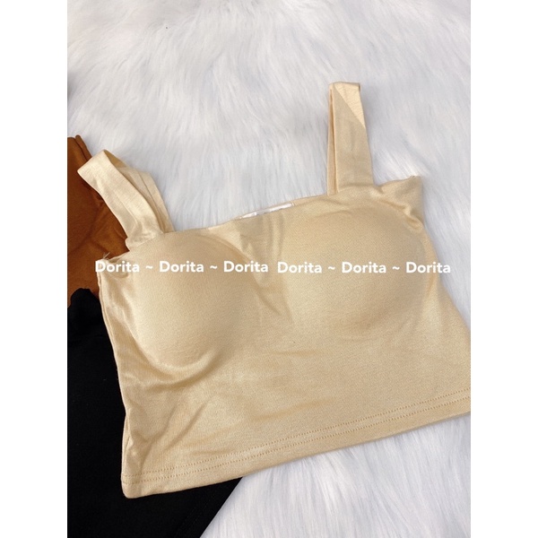 [Ảnh thật/Video] Áo hai dây bản to croptop có sẵn đệm mút, áo bra nâu be đen - Doirta Boutique