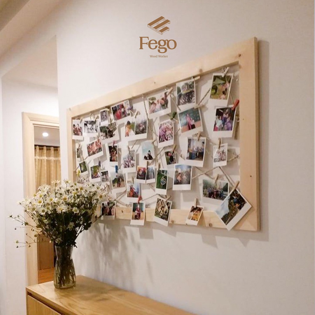 Khung ảnh treo tường dạng lưới bằng gỗ thông Fego/ Giá treo ảnh tặng kèm kẹp gỗ Decor trang trí nhà cửa