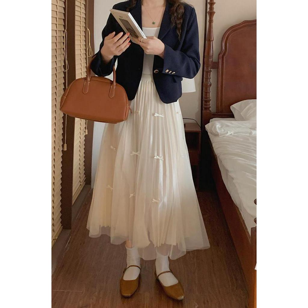 Chân Váy Chữ a Xếp Ly Phối Lưới Thắt Nơ Xinh Xắn Thời Trang 60790