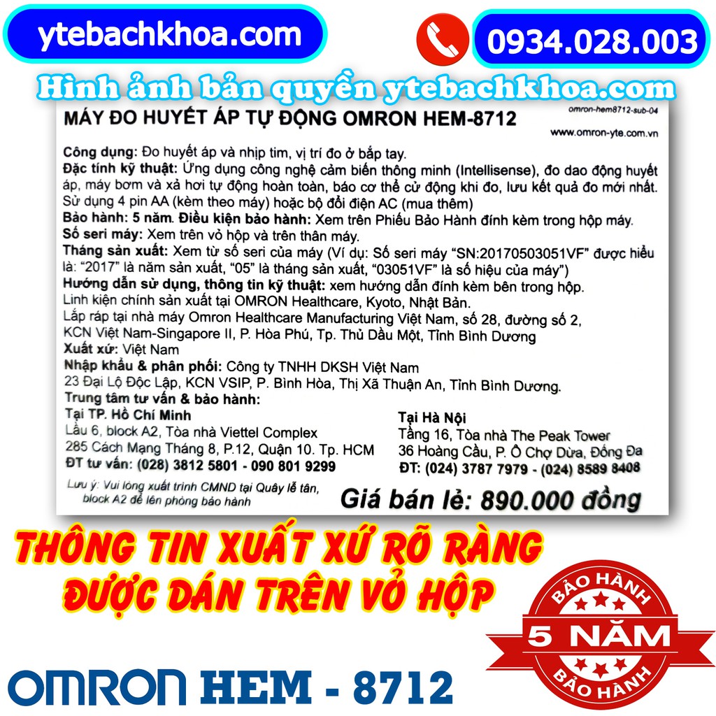 MÁY ĐO HUYẾT ÁP BẮP TAY TỰ ĐỘNG OMRON HEM-8712 HÀNG CHÍNH HÃNG - BẢO HÀNH 05 NĂM